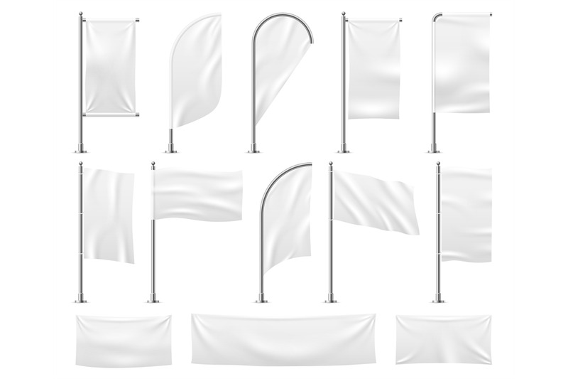 White flags set. Blank banner mockup empty waving fabric canvas