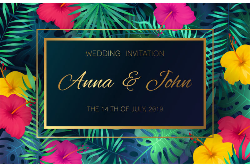 Wedding event invitation card. Poster marriage exotic tropical flowers ...