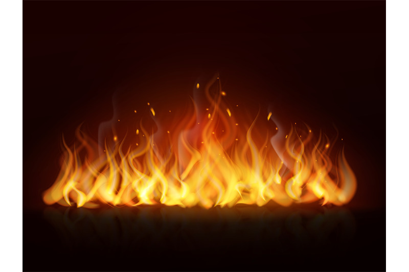 Realistic flame. Burning fiery hot wall, fireplace warm fire, blazing ...