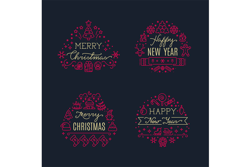Merry Christmas Greeting Scripts With Xmas Holiday Line Icons Vector By Microvector Thehungryjpeg Com