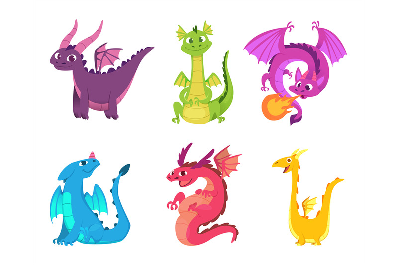 Cute dragons. Fairytale amphibians and reptiles with wings and teeth m ...