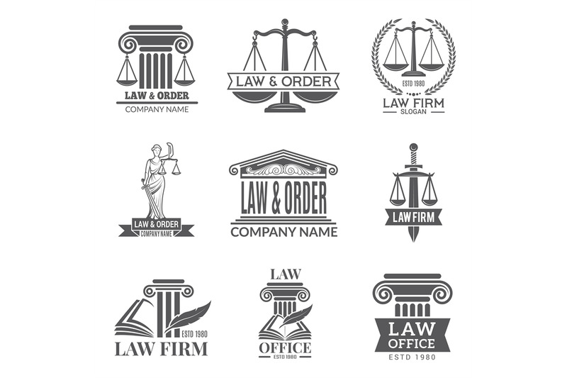 Law and legal labels. Legal code, judge hammer and other corporate sym ...