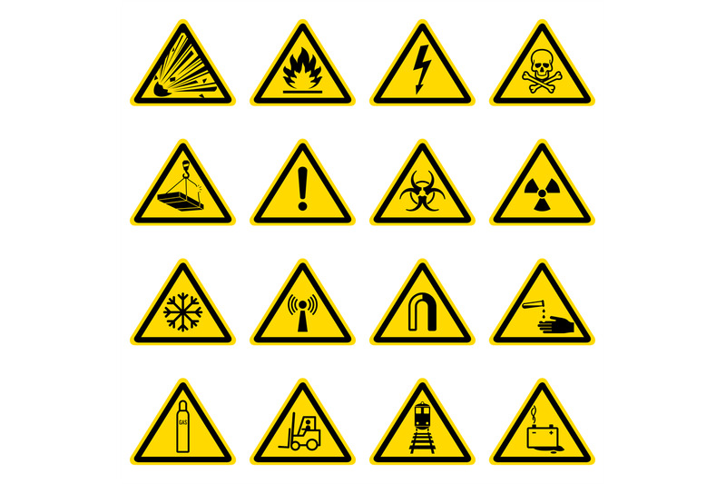 Warning and hazard symbols on yellow triangles vector collection By ...