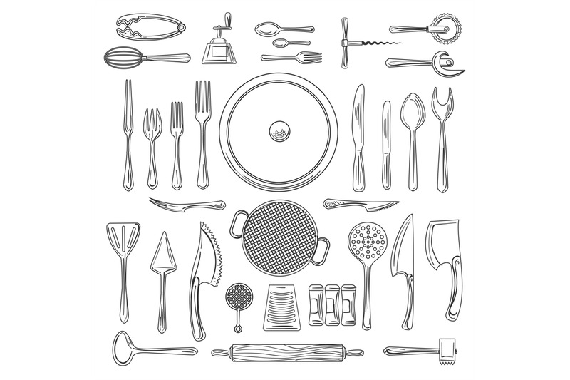 Kitchen utencils in sketch style, black and white | Utensils drawing,  Drawings, Kitchen utensils
