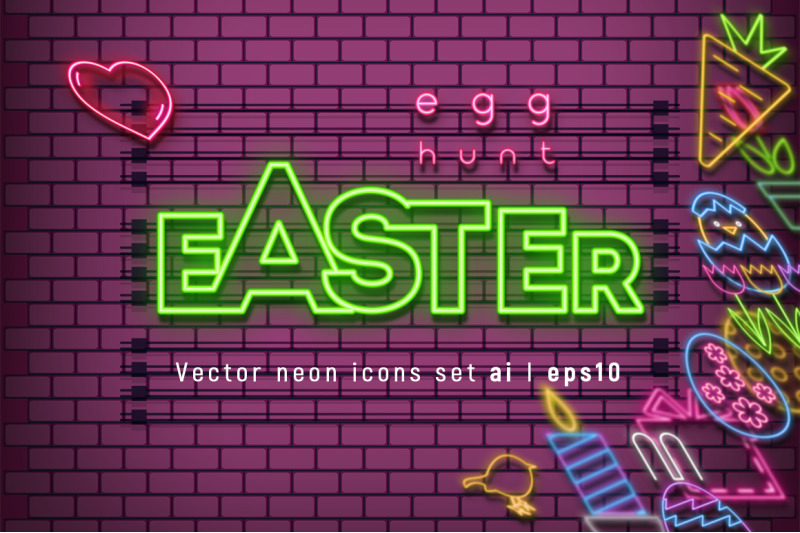 Happy Easter Neon Icons By Elfivetrov Thehungryjpeg Com