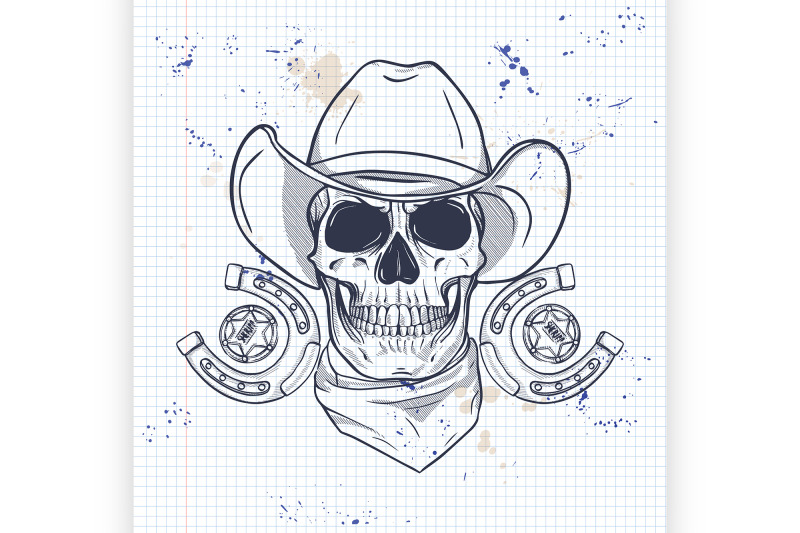 skull with cowboy hat drawing