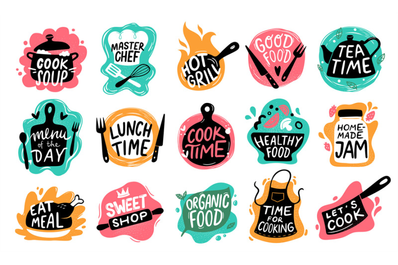 Cooking food lettering. Kitchen badge logos, baking foods typography a