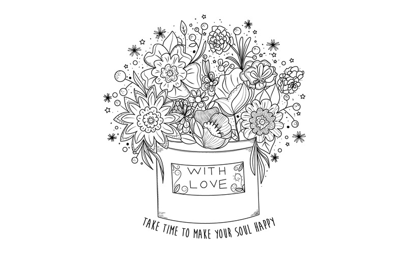 Digital Coloring Book Page Flowers In A Box By Erikavectorika Thehungryjpeg Com
