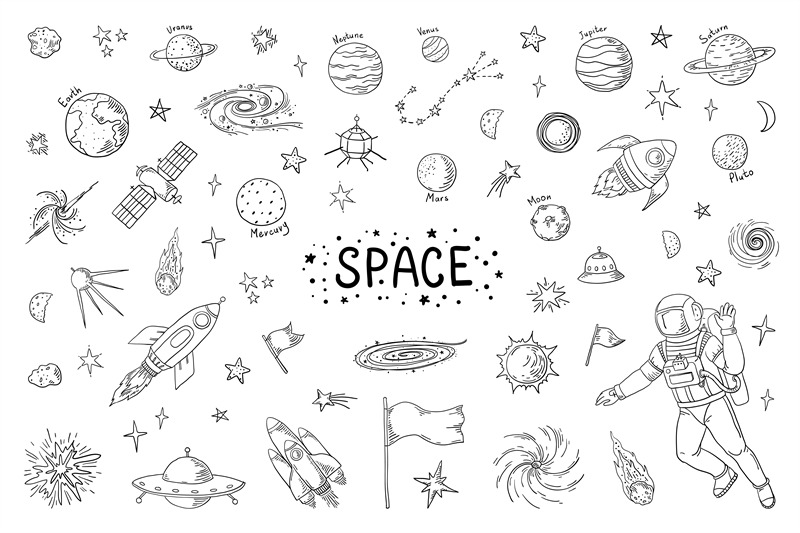 Doodle Space Trendy Universe Pattern Star Astronaut Meteor Rocket Co By Spicytruffel Thehungryjpeg Com