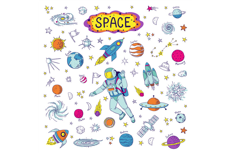 Doodle Space Cosmos Trendy Kids Pattern Hand Drawn Rocket Ufo Univer By Spicytruffel Thehungryjpeg Com