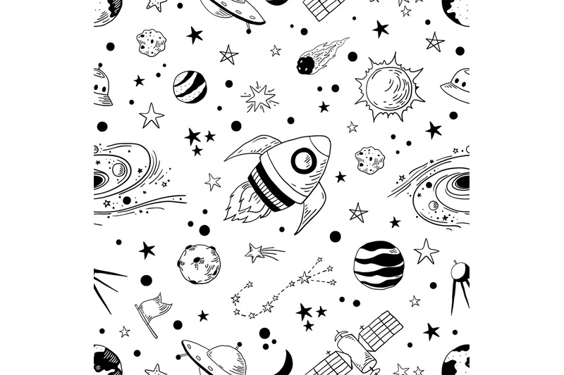 Seamless Doodle Space Pattern Trendy Kids Cosmos Graphic Elements As By Spicytruffel Thehungryjpeg Com