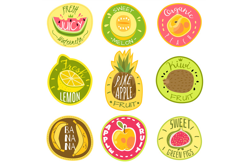 Fruit labels. Juice fresh organic fruit natural vegan food farm emblem ...