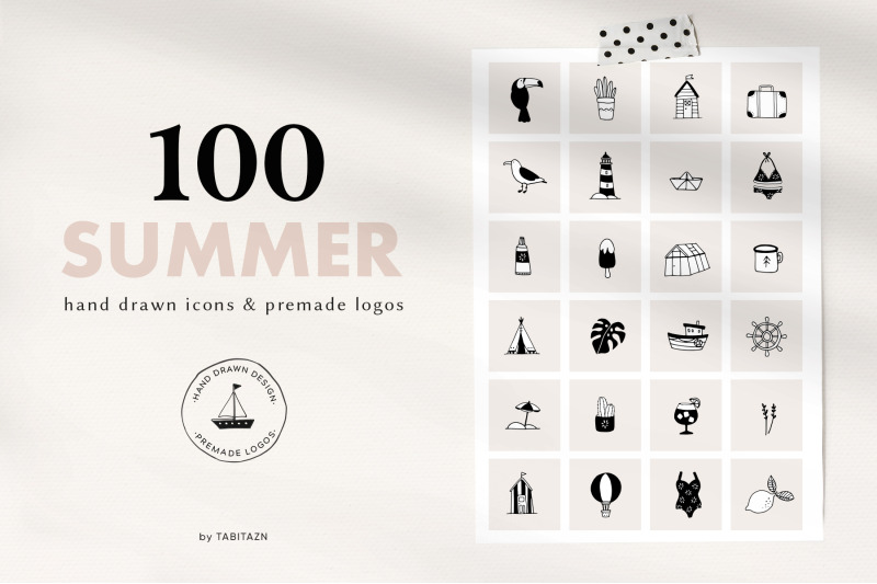 100 Summer Hand Drawn Icons Logos By Tabita S Shop Thehungryjpeg Com