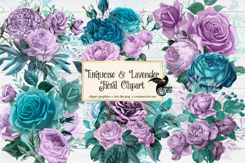 Turquoise and Lavender Floral Clipart By Digital Curio | TheHungryJPEG