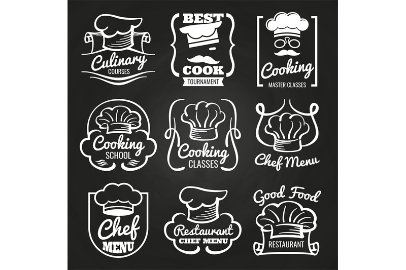 Chef Hat Emblem Cafe Restaurant Or Bakery Logos On Chalkboard By Microvector Thehungryjpeg Com