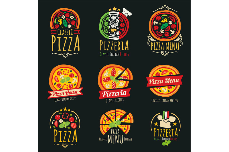 Pizza Vector Logos. Pizzeria Italian Cuisine Restaurant Labels And Emb 