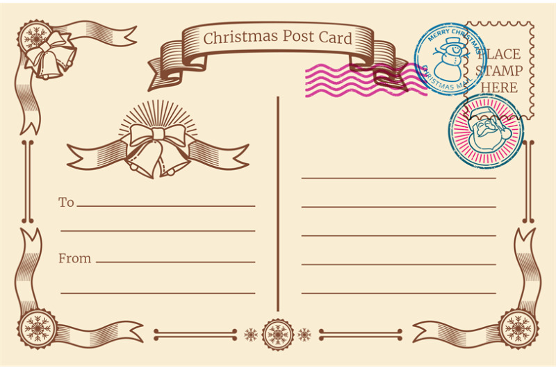 Vintage Christmas Blank Postcard With Text Space And Xmas Postal Stamp By Microvector Thehungryjpeg Com