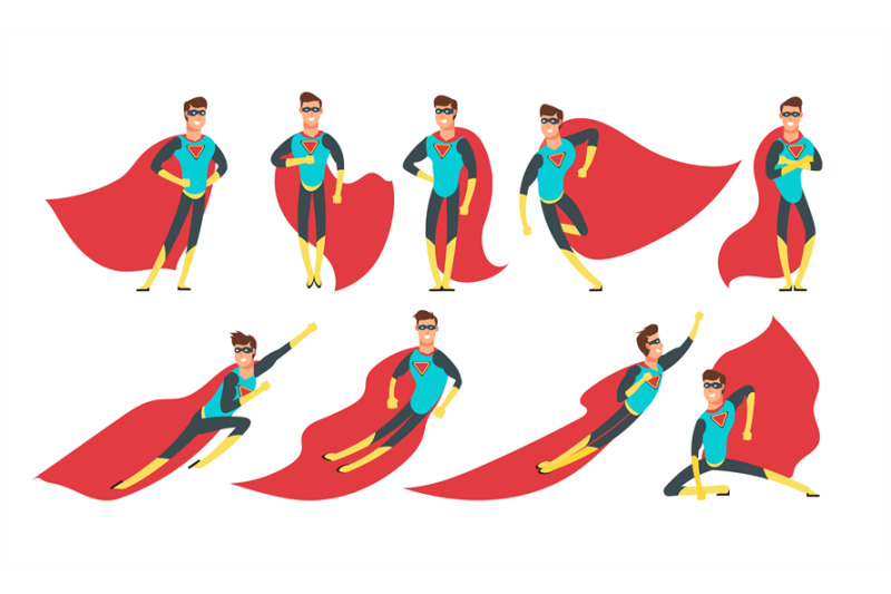 Superhero man in different poses. Cartoon superheroes vector comic cha ...