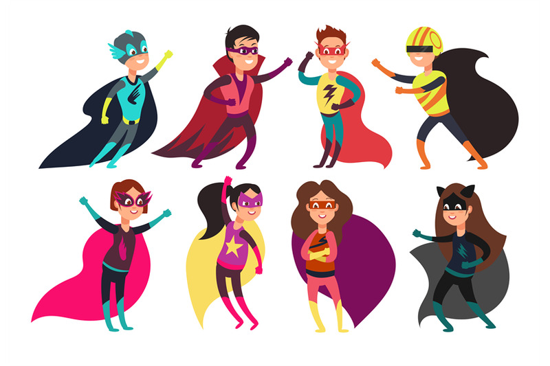 Happy kids superheroes wearing colorful superheros costumes. Cartoon c ...