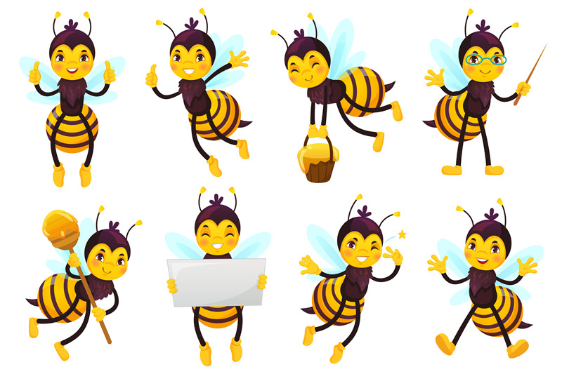 Cartoon bee mascot. Cute honeybee, flying bees and happy funny yellow By  Tartila | TheHungryJPEG