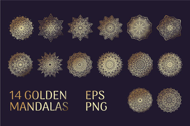 14 Golden Mandalas EPS and PNG By Fleohr | TheHungryJPEG