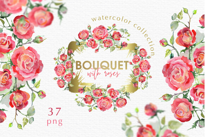 Watercolor Bouquet with red roses PNG set By MyStocks | TheHungryJPEG