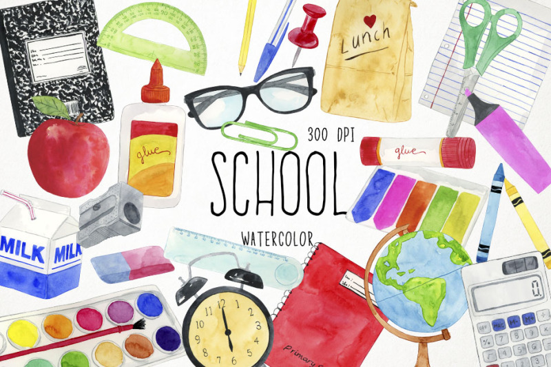 Watercolor School Clipart, School Clip Art By Paulaparaula | TheHungryJPEG