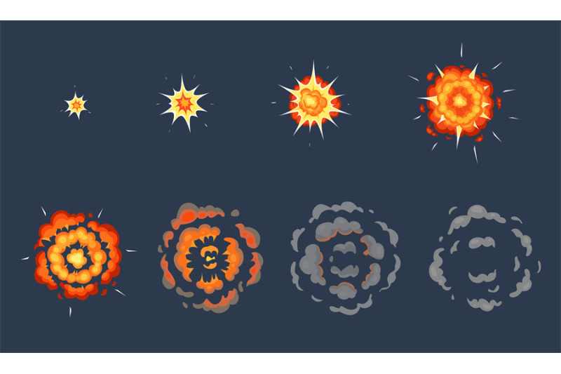 Cartoon explosion animation. Exploding effect frames, animated shot ex