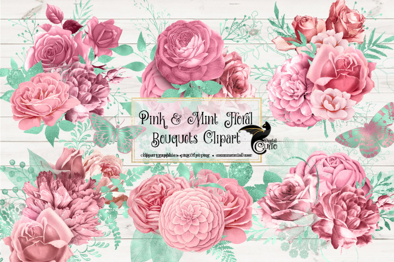 Pink and Mint Floral Clipart By Digital Curio | TheHungryJPEG