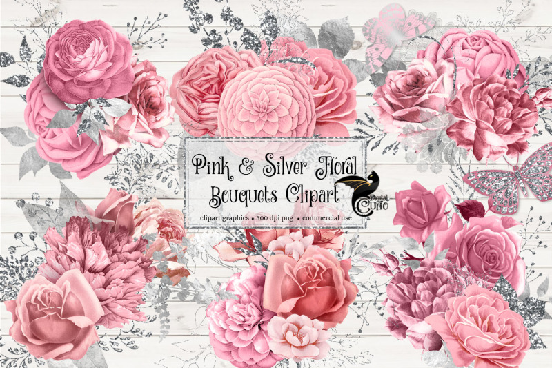 Pink and Silver Floral Clipart By Digital Curio | TheHungryJPEG