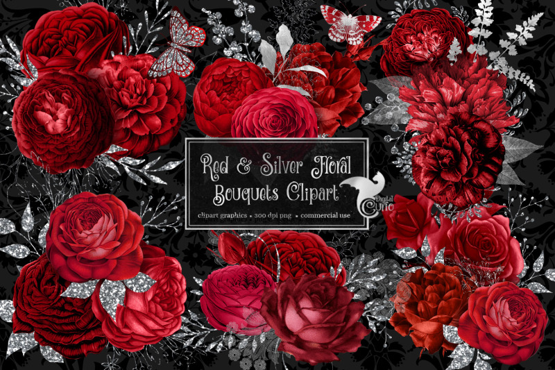 Red and Silver Floral Clipart By Digital Curio | TheHungryJPEG