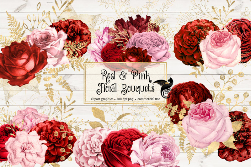 Red and Pink Floral Clipart By Digital Curio | TheHungryJPEG