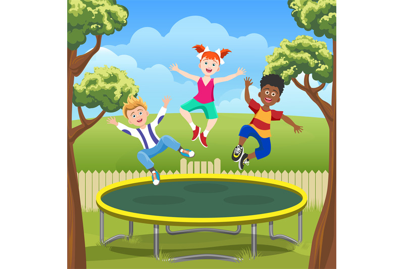 Jumping kids on trampoline in backyard By vectortatu | TheHungryJPEG