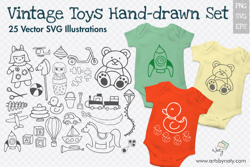 Vintage Toys 25 SVG Hand-drawn Illustrations. By ArtsByNaty | TheHungryJPEG