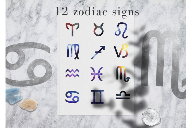 12 watercolor space zodiac signs By Kaleriiat | TheHungryJPEG