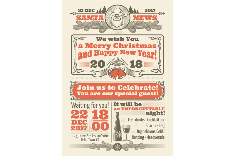 Retro Christmas Newspaper With Xmas Typography And Winter Festive Vect By Microvector Thehungryjpeg Com