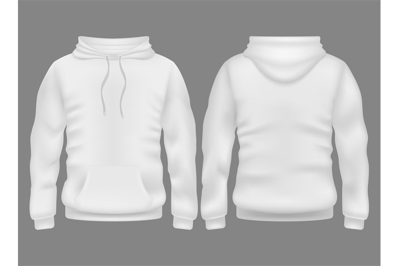 Men white blank hoodie in front and back view. Vector mockup isolated