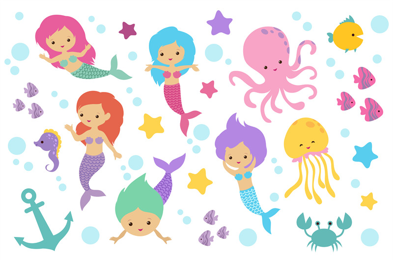 Cute cartoon mermaids, sea animals and ocean life objects vector set By  Microvector | TheHungryJPEG