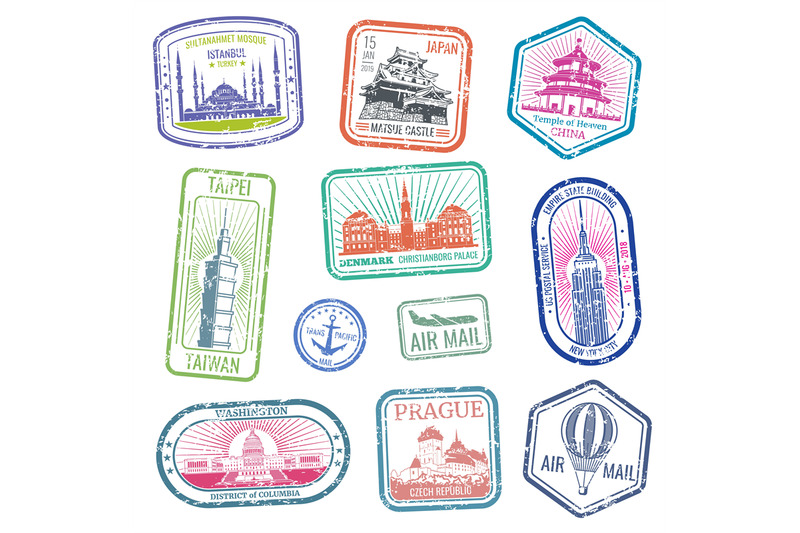Vintage Travel Stamps With Major Monuments And Landmarks Vector Set By Microvector Thehungryjpeg Com