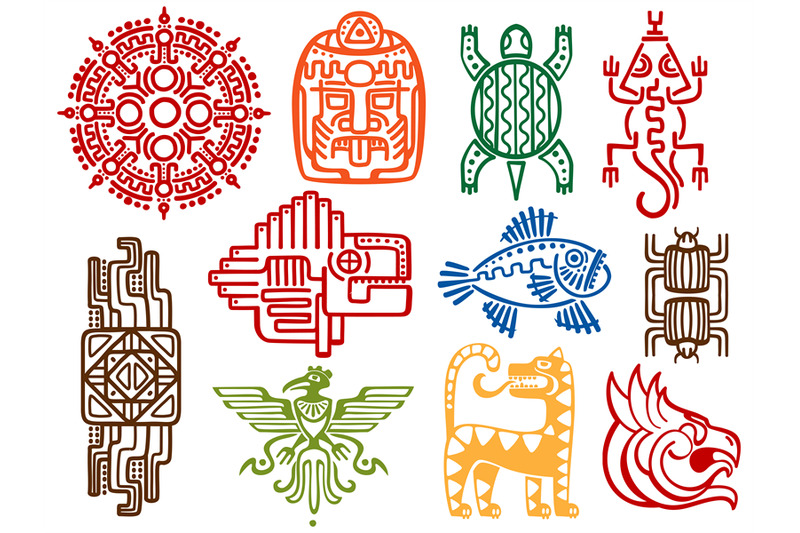 Colorful Ancient Mexican Vector Mythology Symbols American Aztec Ma By Microvector Thehungryjpeg Com