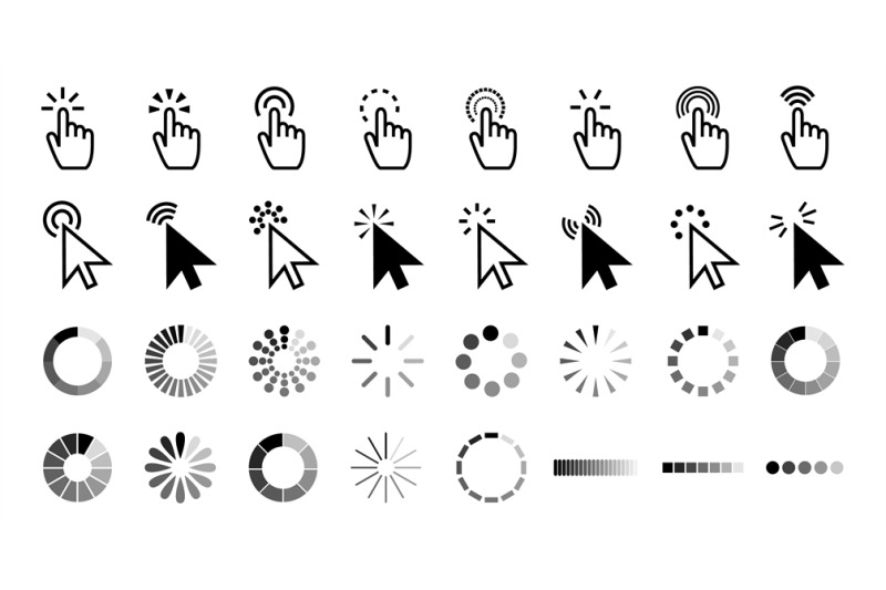 Pointer click icon. Clicking cursor, pointing hand clicks and waiting ...