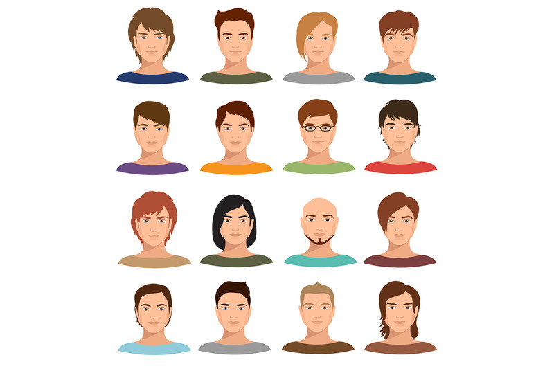 Young cartoon man portraits with various hairstyle. Male avatars vecto ...