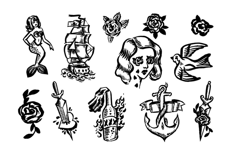 Old school tattoo illustration set. By Artha Graphic Design Studio ...