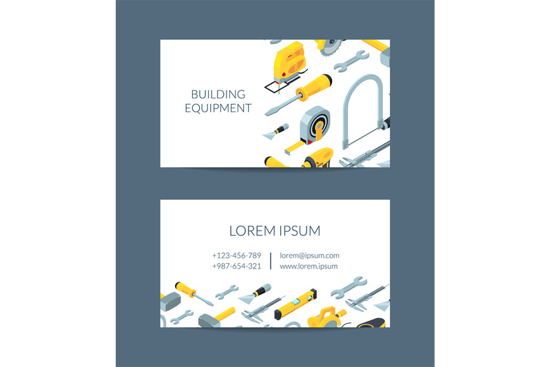 Vector construction tools isometric icons business card template for h ...