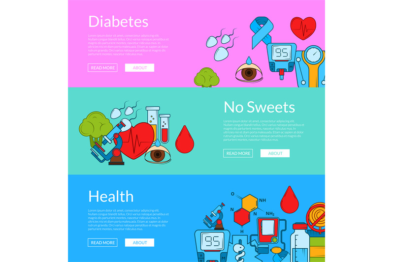 Vector Colored Diabetes Icons Web Banner Templates Illustration By