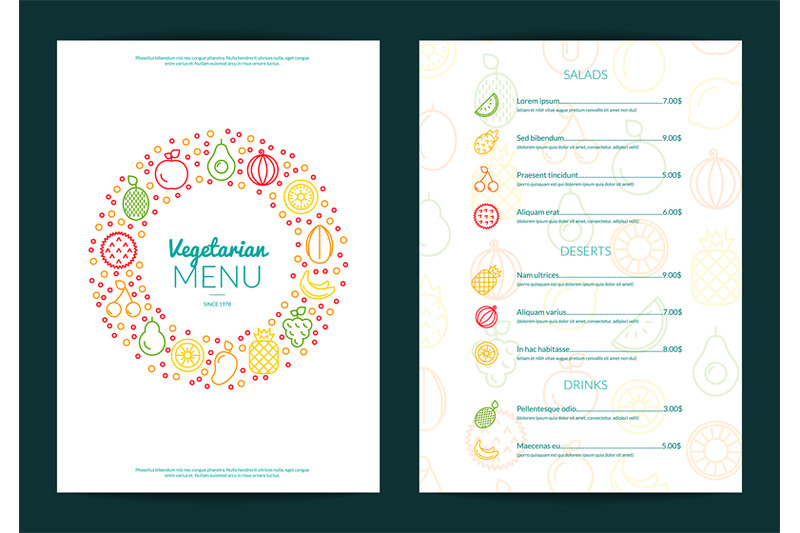 Vector line fruits icons vegan cafe or restaurant menu template illust ...