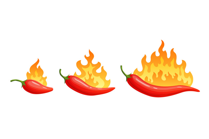Cartoon hot peppers. Spicy pepper with fire flames and flames red chil