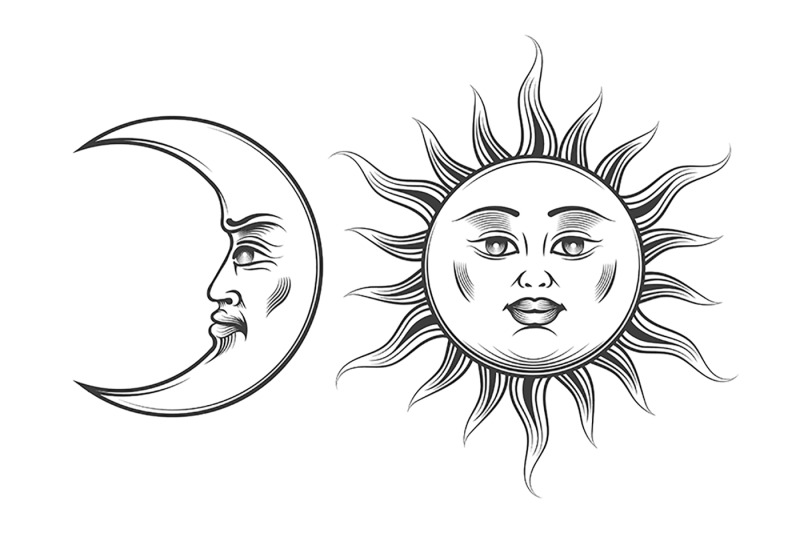 Hand Drawn Art Sun and Crescent Moon Engraving