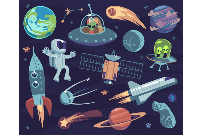 Cartoon space set. Cute astronauts and ufo aliens, satellite planets a By  YummyBuum | TheHungryJPEG