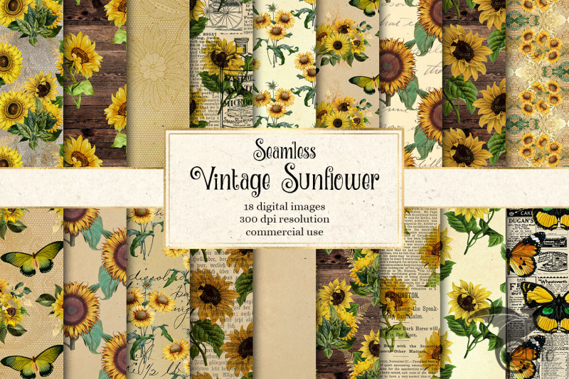 Vintage Sunflower Digital Paper By Digital Curio | TheHungryJPEG